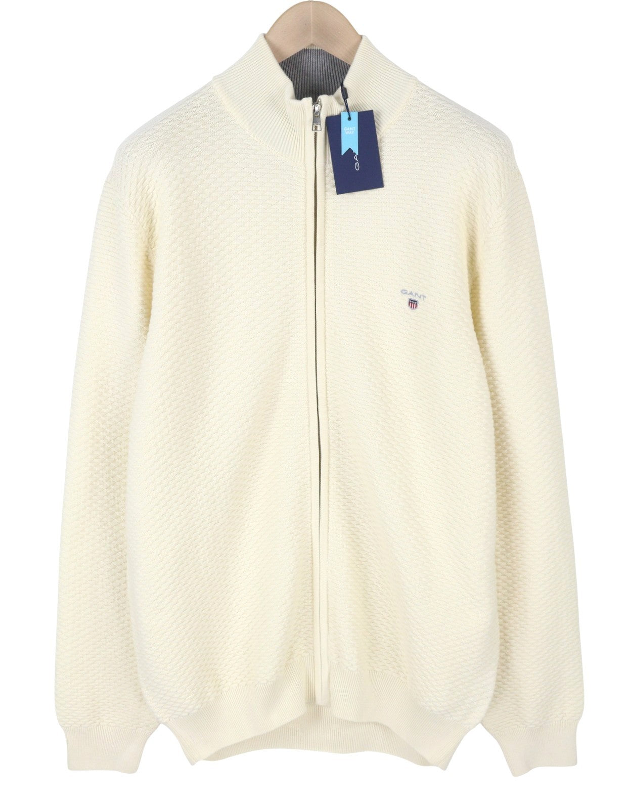 GANT Triangle Texture Full Zip Men Jumper XL Cream High Neck