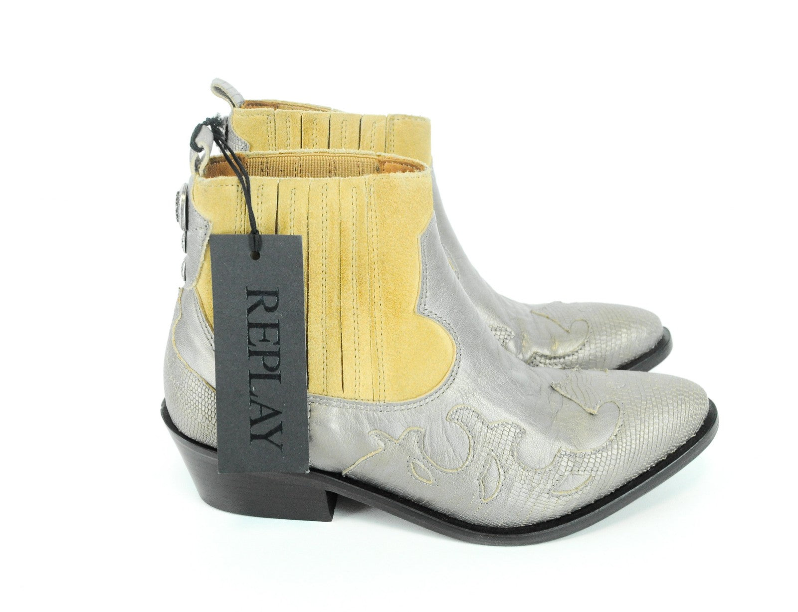 REPLAY Women Shoes EU36 Leather Suede Pattern Silver Brown Cowboy Ankle Boots