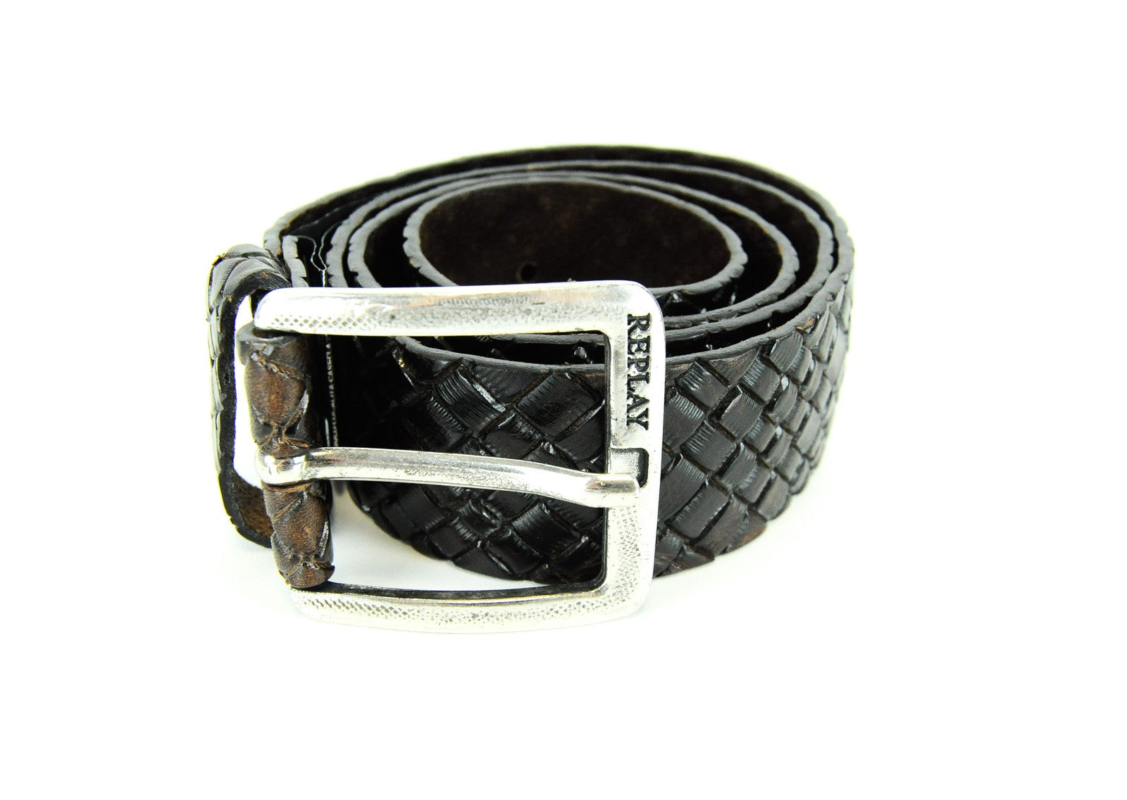 REPLAY Men Belt 85 cm Brown Patterned Genuine Cow Leather Squared-End Buckled
