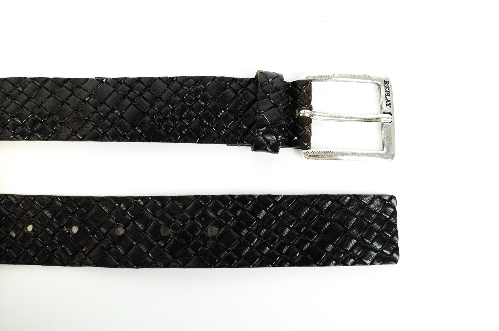 REPLAY Men Belt 85 cm Brown Patterned Genuine Cow Leather Squared-End Buckled