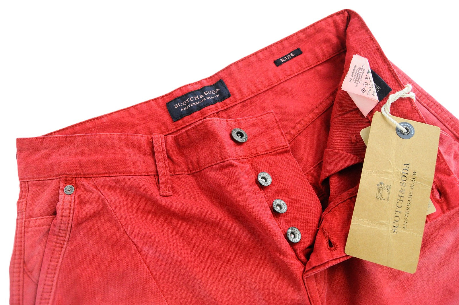 SCOTCH & SODA Raze Men Trousers W28/L32 Red Slim Fit Pure Cotton Dyed Washed