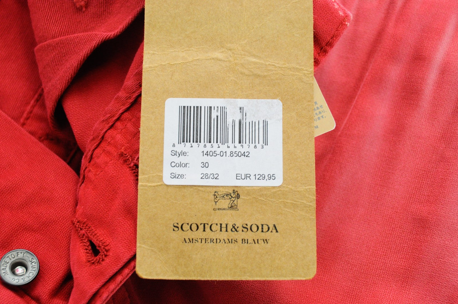 SCOTCH & SODA Raze Men Trousers W28/L32 Red Slim Fit Pure Cotton Dyed Washed