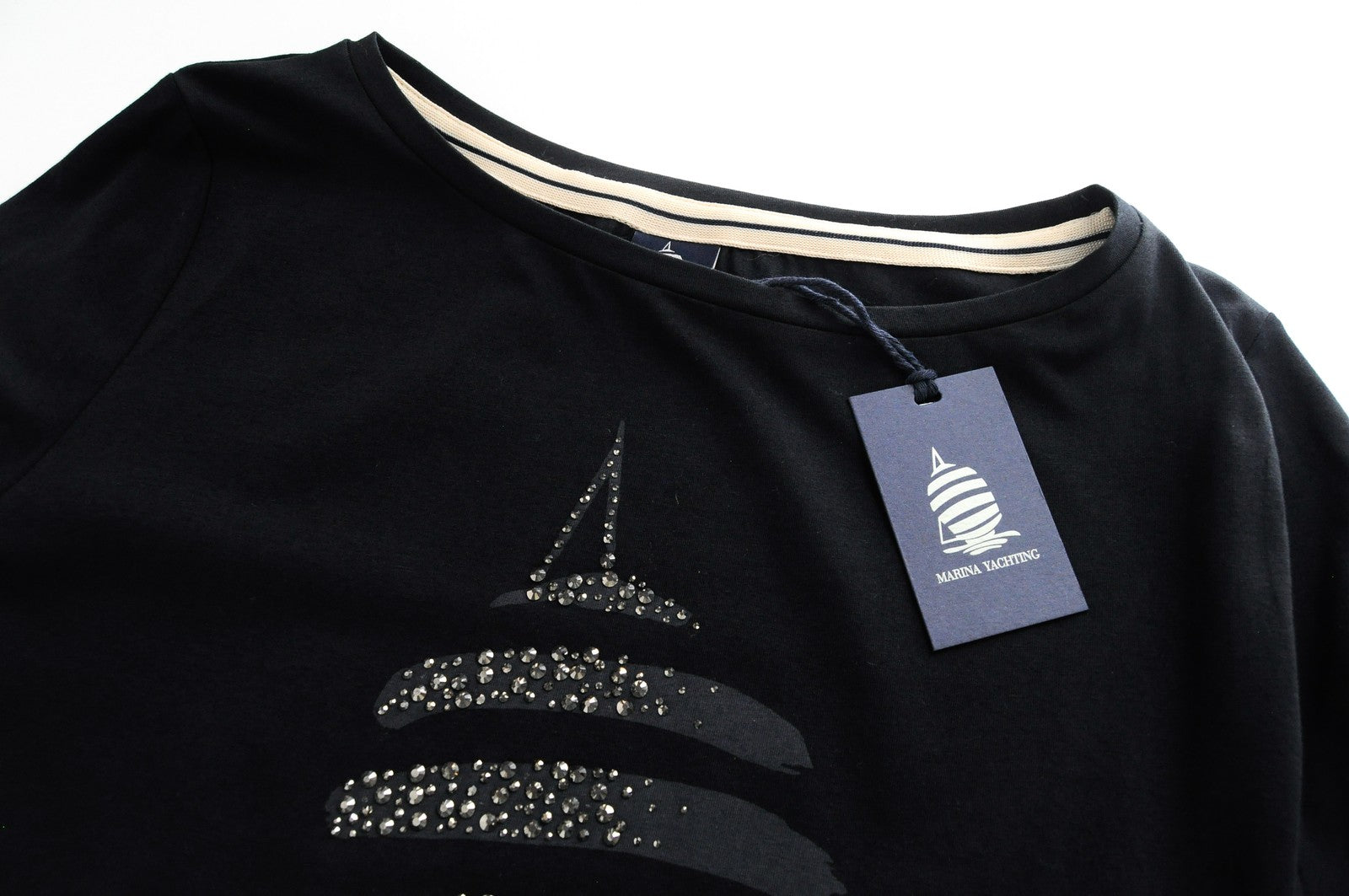 MARINA YACHTING Women T-Shirt L Black Cotton Stretch Rhinestone Logo Pullover*