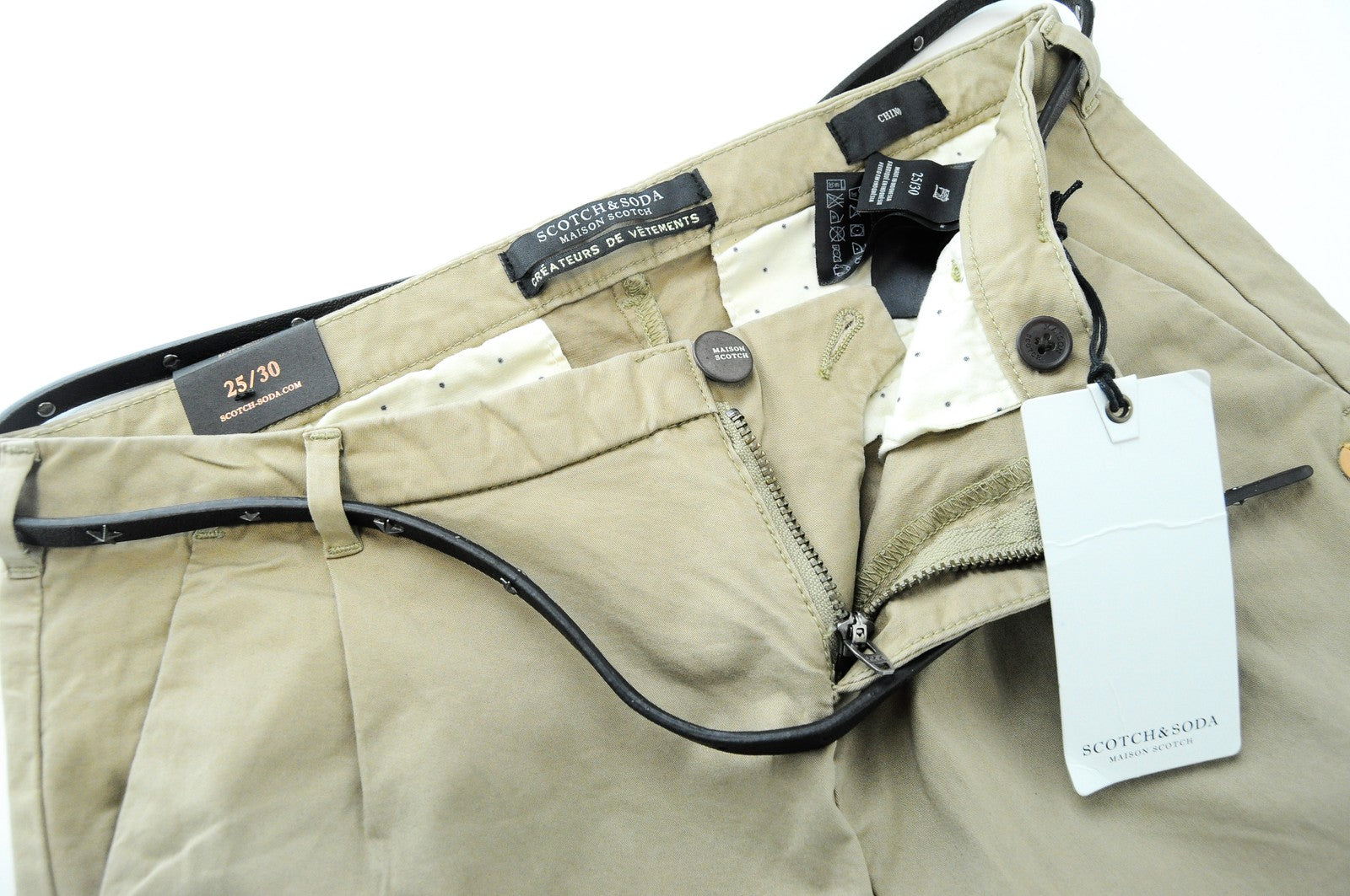 MAISON SCOTCH Women Trousers W25/L30 Cropped Cotton Stretch Brown Belted Chino