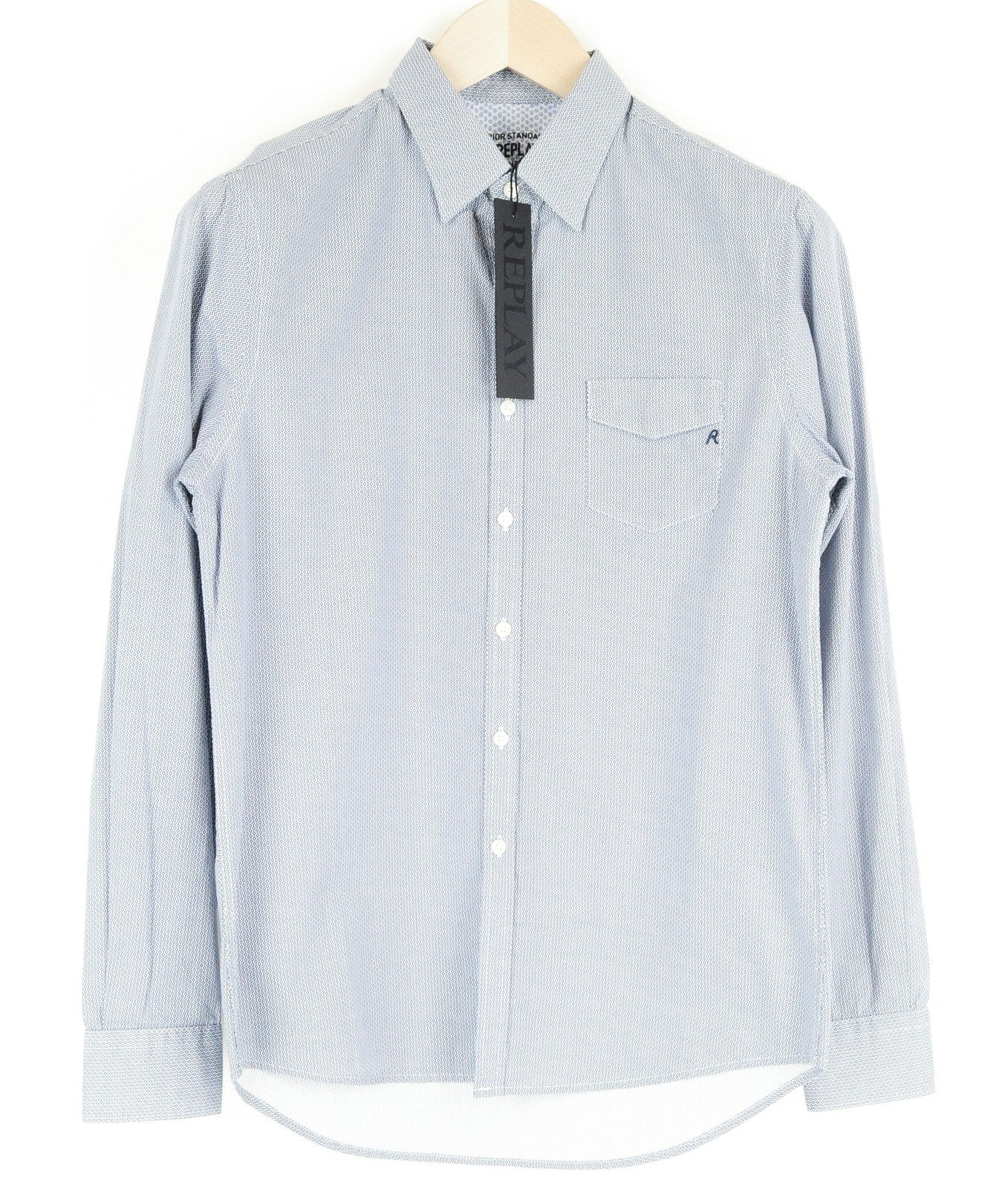 REPLAY Men Shirt S Blue Pure Cotton Patterned Long Sleeved Collared Button-Up