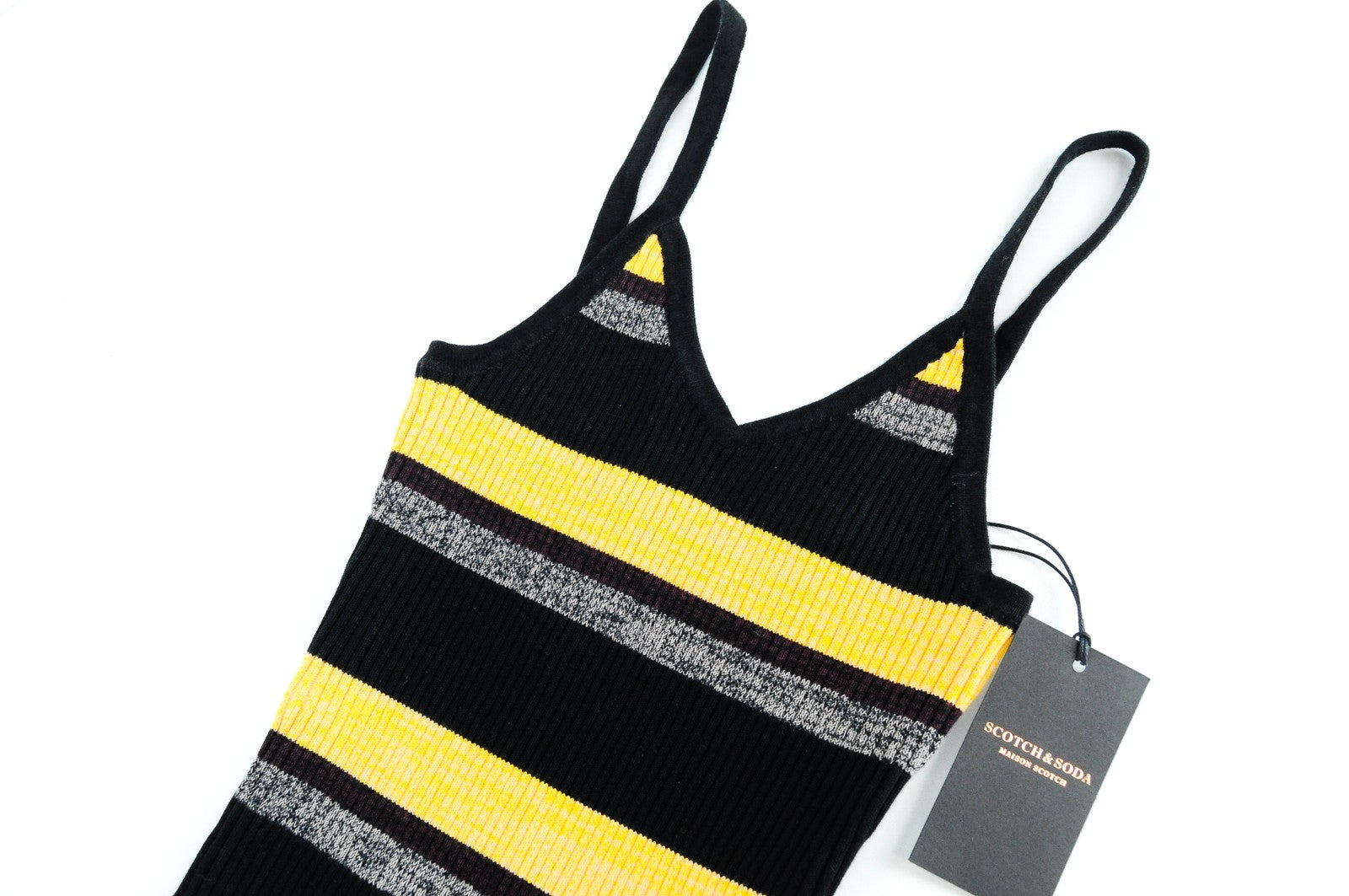 MAISON SCOTCH Women Top XS Black Orange Striped Cotton Blend One Piece Body