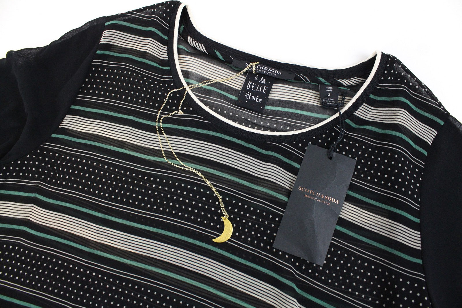 MAISON SCOTCH Women T-Shirt M Black Pattern See-Through Short Sleeve Lightweight
