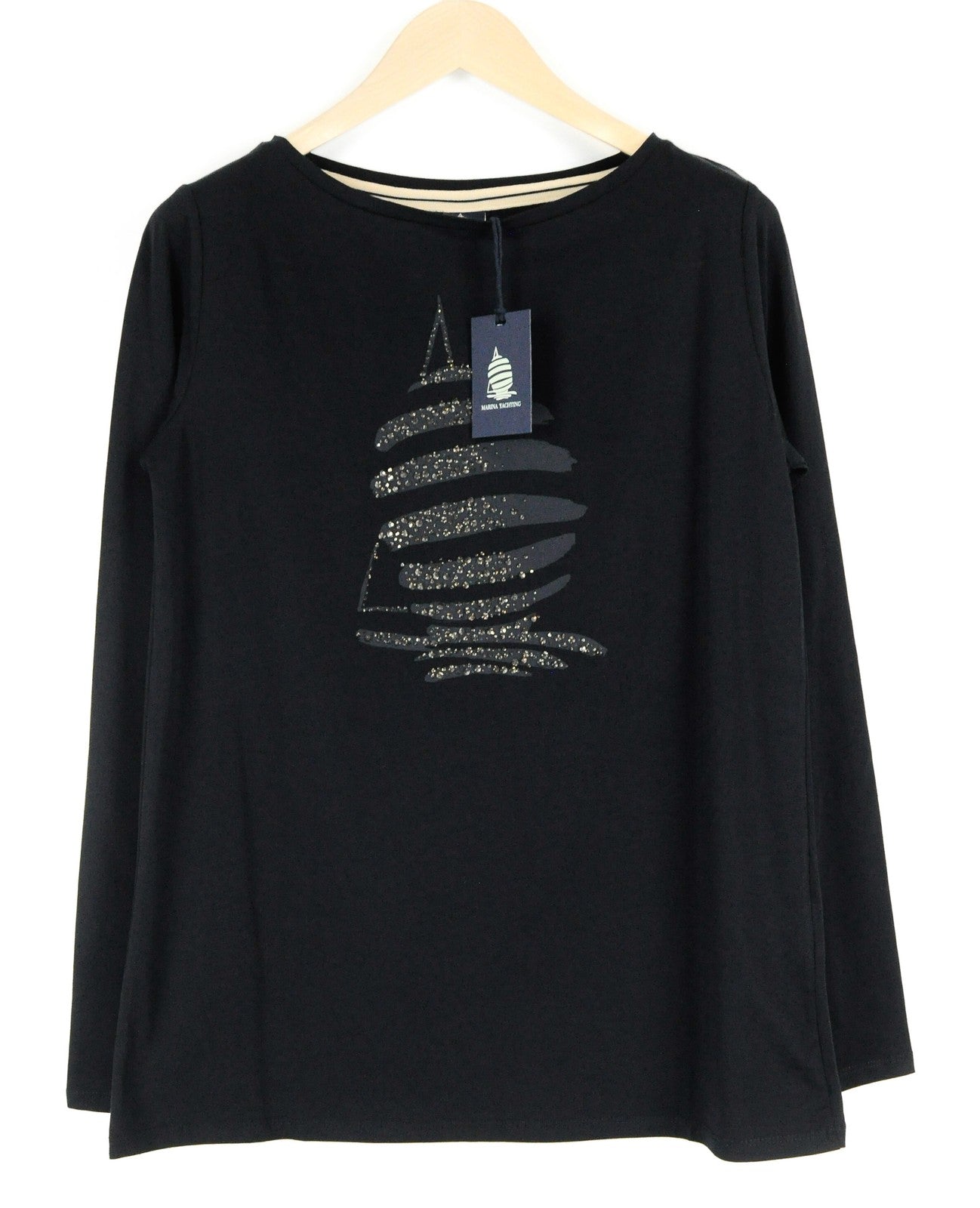 MARINA YACHTING Women T-Shirt L Black Cotton Stretch Long Sleeved Pullover Logo*