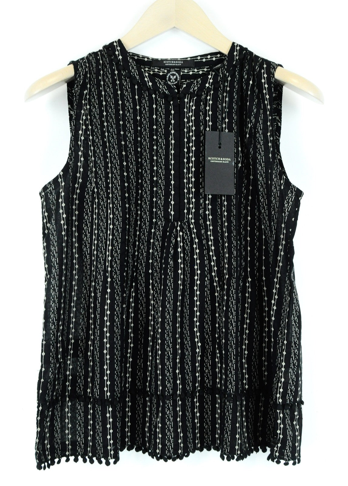 SCOTCH & SODA Ams Blauw Women Blouse S Black Cotton Pattern Sleeveless Pom Poms