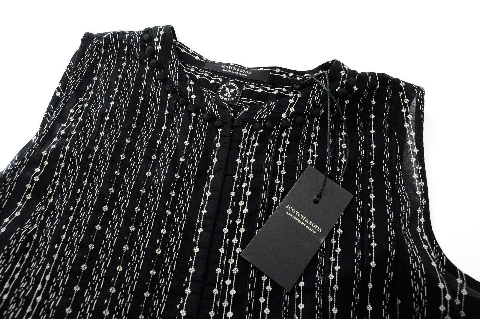 SCOTCH & SODA Ams Blauw Women Blouse S Black Cotton Pattern Sleeveless Pom Poms