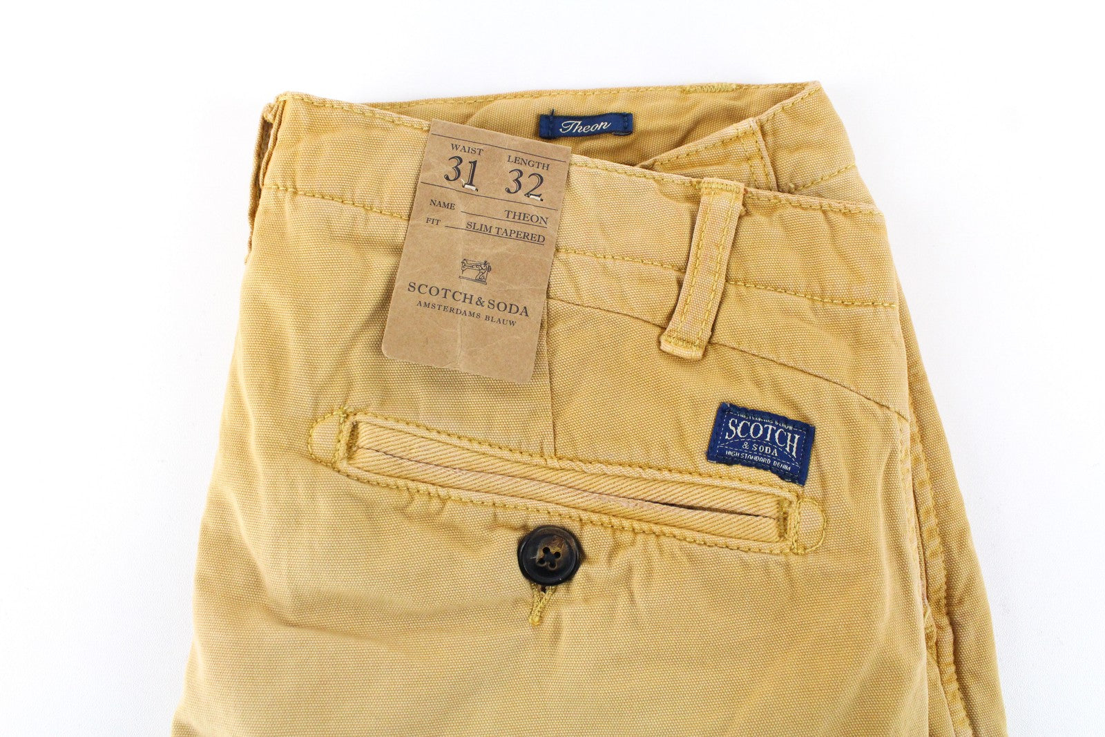 SCOTCH & SODA Theon Men Trousers W31/L32 Yellow Slim Tapered Fit Washed Cotton