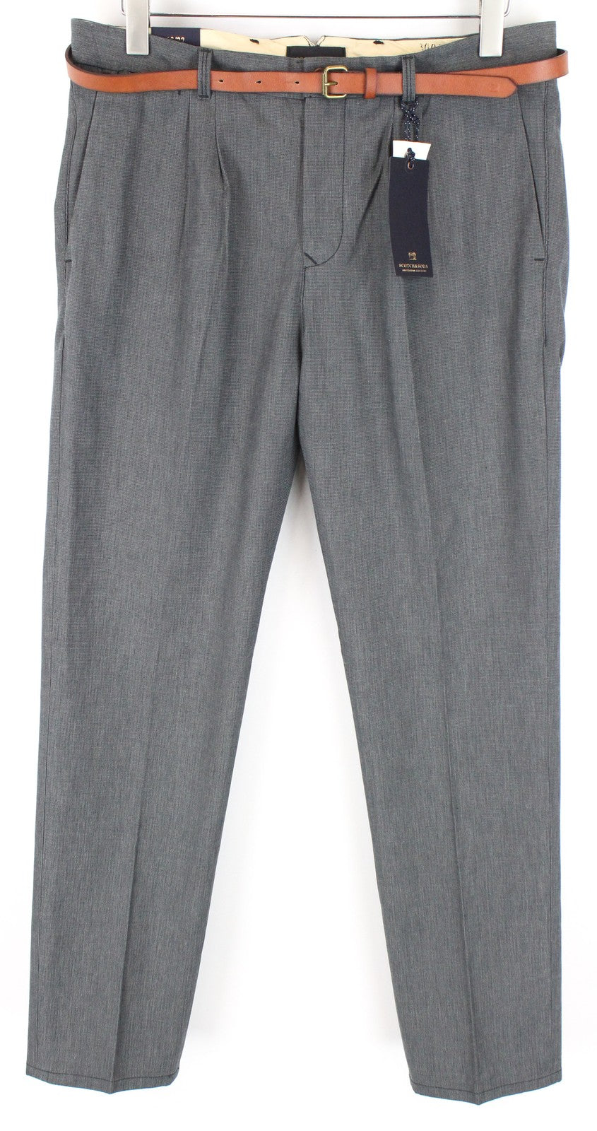 SCOTCH & SODA Stuart Men Trousers W33/L32 Grey Slim Pure Cotton Pleated Belted