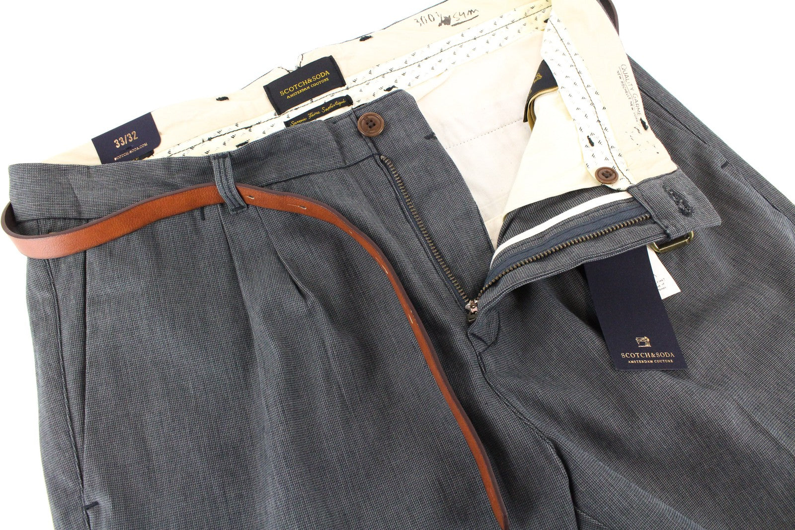SCOTCH & SODA Stuart Men Trousers W33/L32 Grey Slim Pure Cotton Pleated Belted