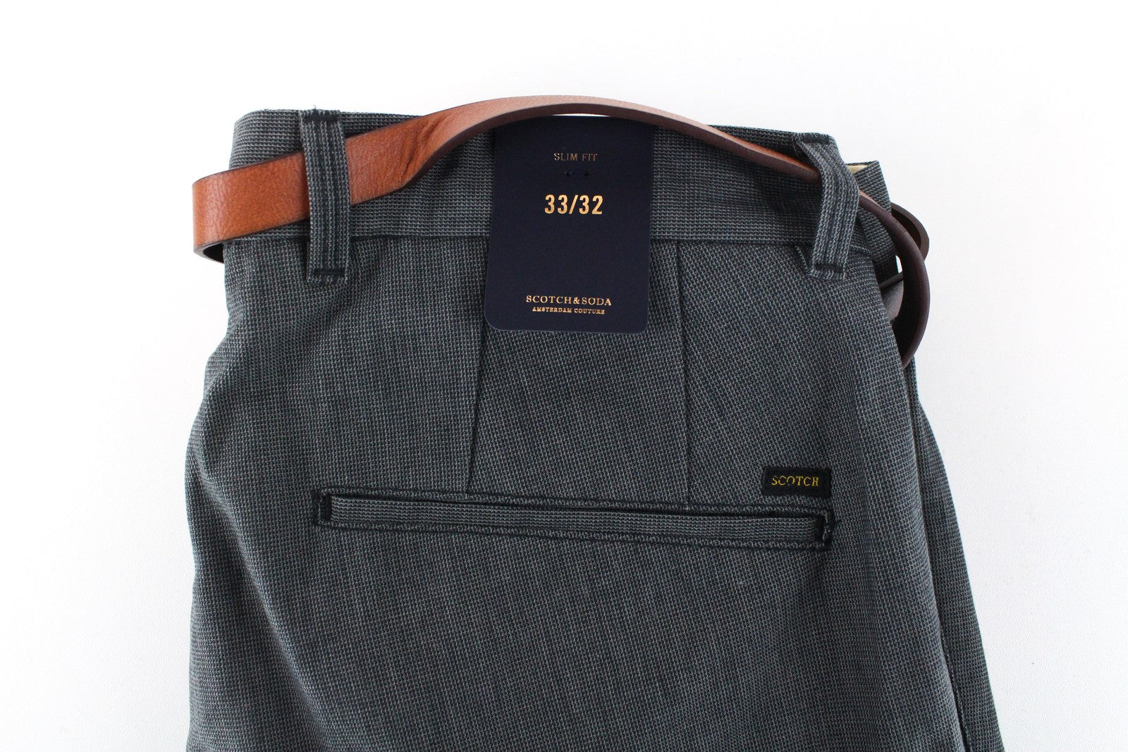 SCOTCH & SODA Stuart Men Trousers W33/L32 Grey Slim Pure Cotton Pleated Belted