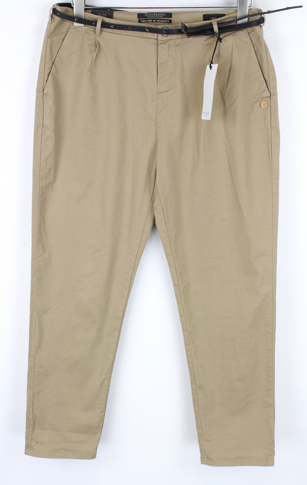 MAISON SCOTCH Women Trousers W30/L32 Belted Brown Cotton Stretch Cropped Chino