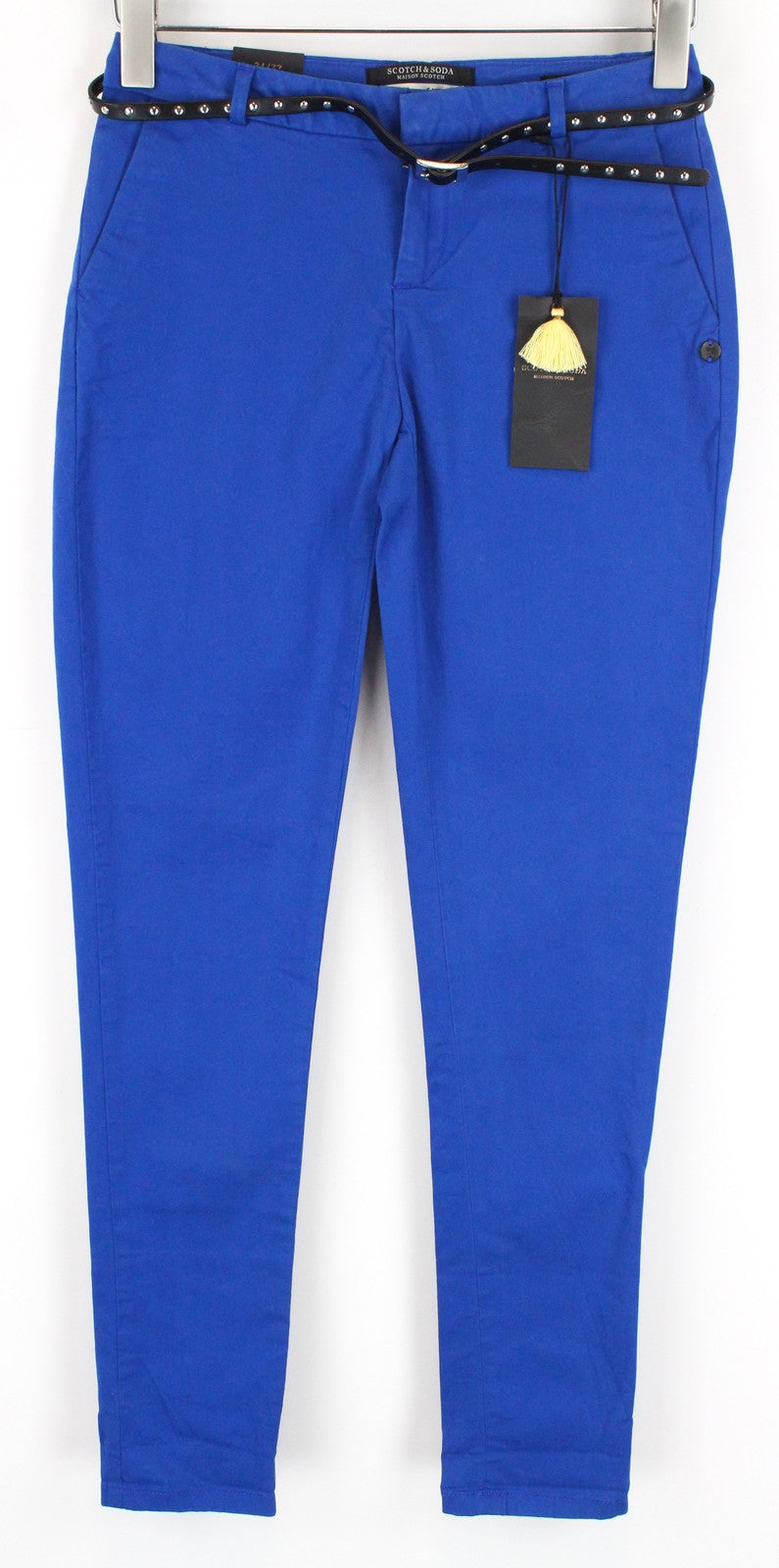 MAISON SCOTCH Women Trousers W24/L32 Blue Slim Fit Belted Cotton Stretch