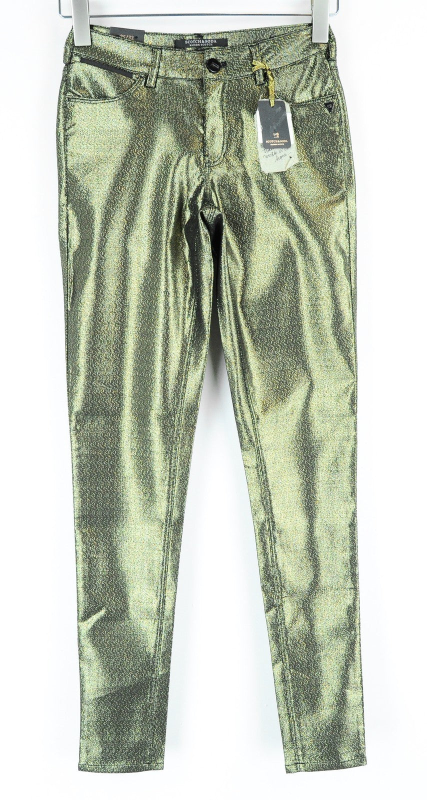 MAISON SCOTCH Women Trousers W25/L32 Gold Skinny Fit Shiny Thread Mid Rise