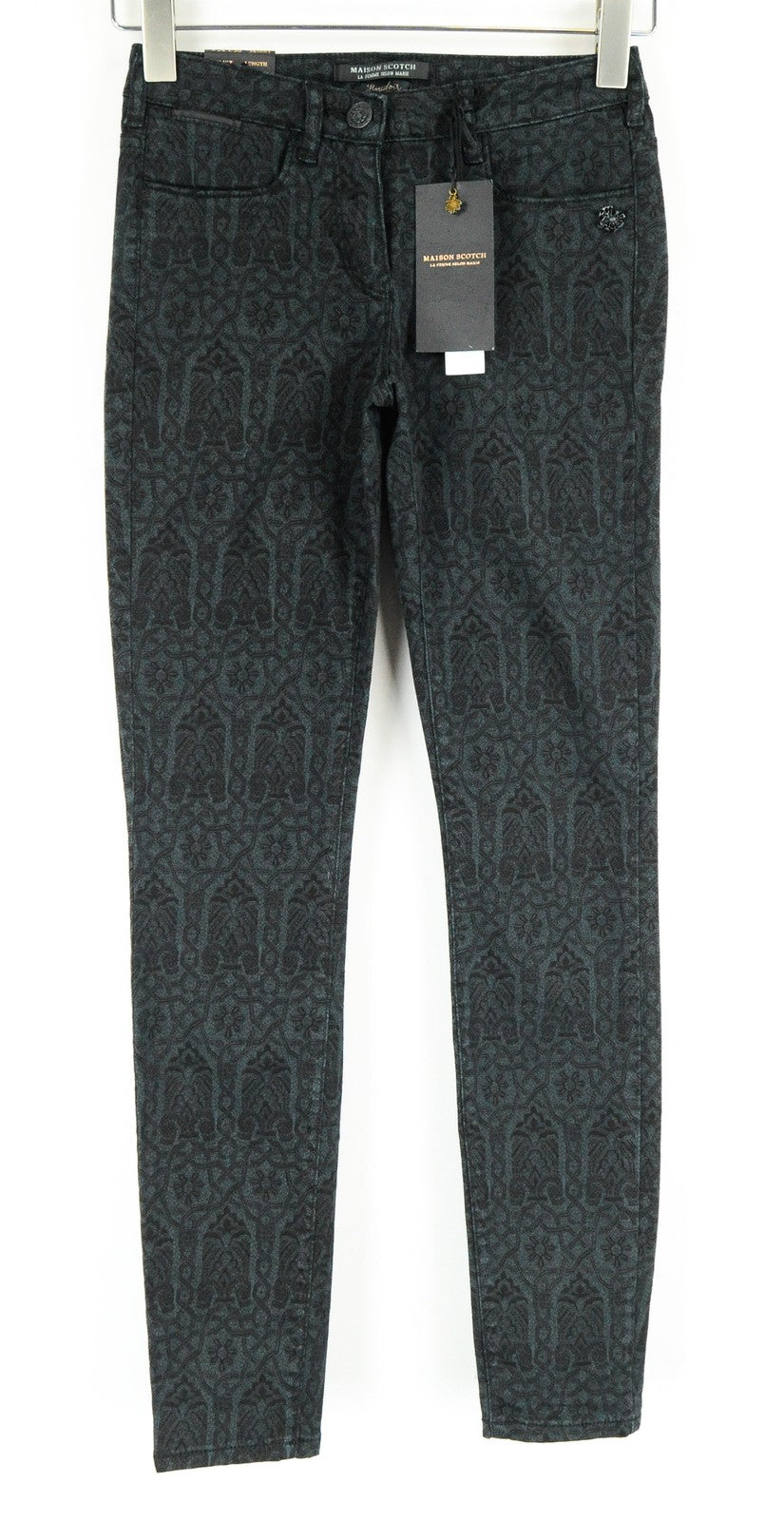 MAISON SCOTCH Women Trousers W24/L30 Green Skinny Fit Patterned Cotton Stretch