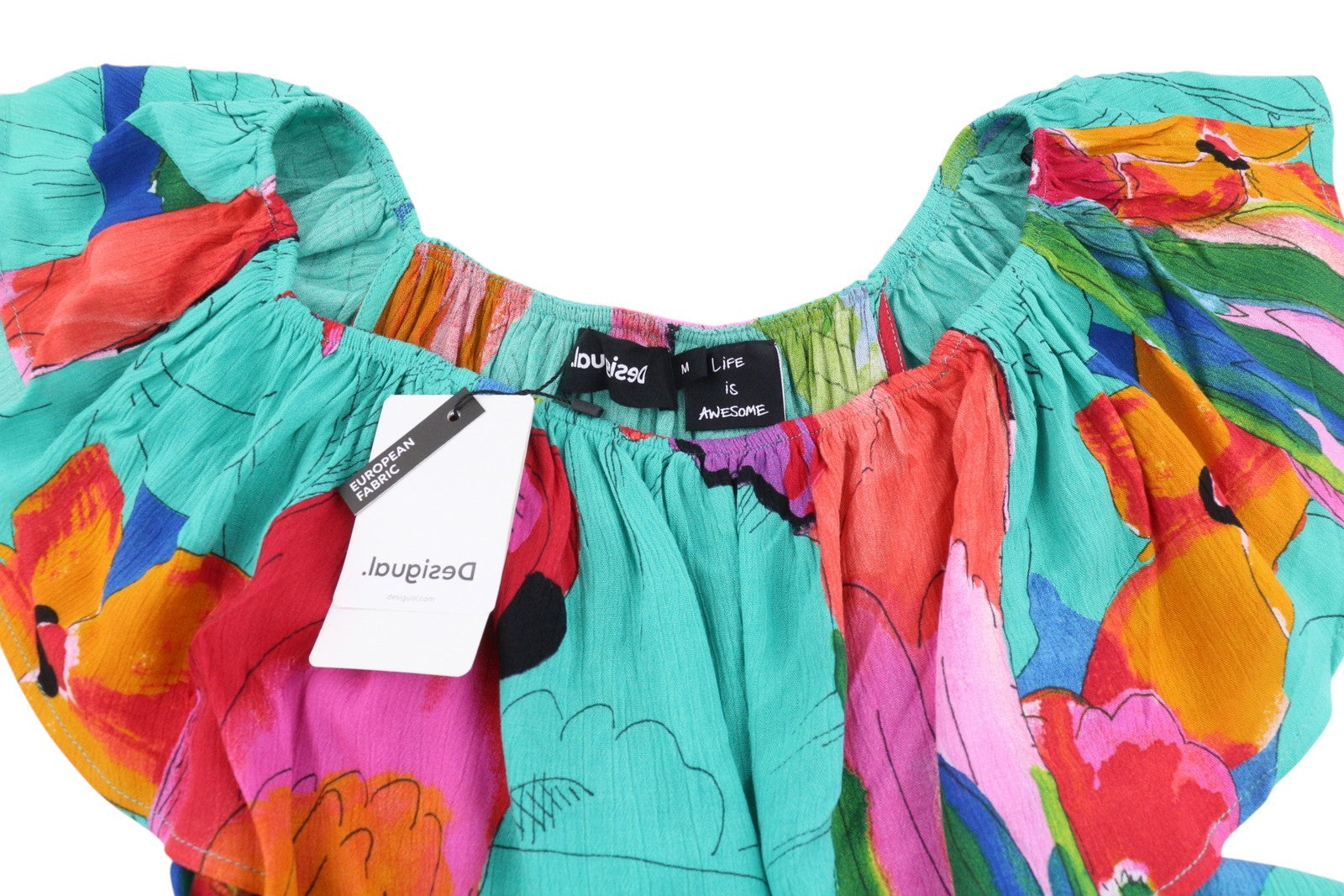 DESIGUAL Vest Pahoa Women Dress M Floral Pattern Ruffled Neckline Split Midi