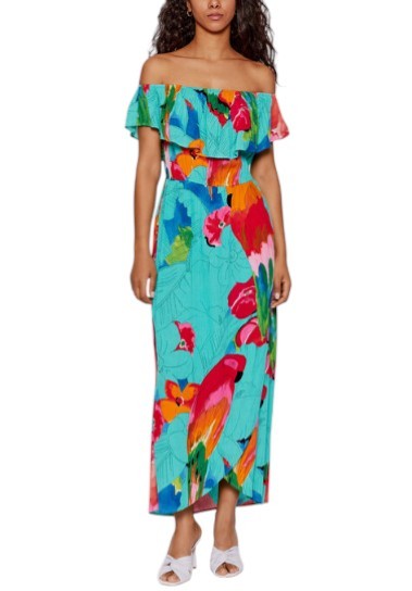 DESIGUAL Vest Pahoa Women Dress M Floral Print Ruffled Neckline Split Midi