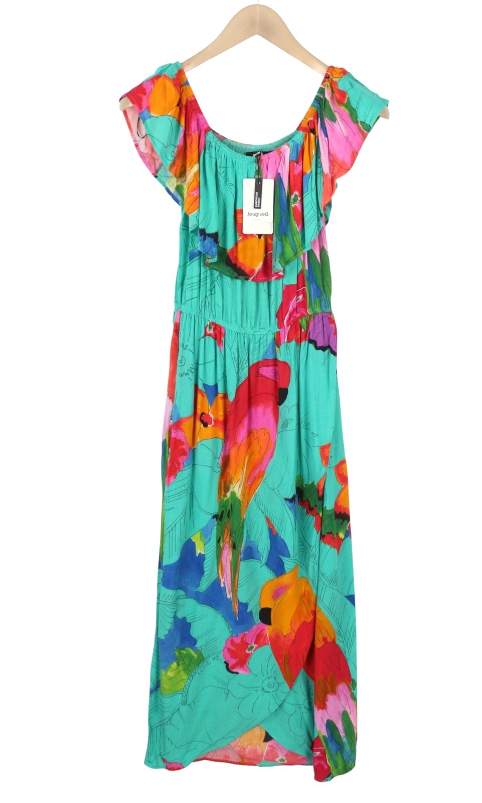 DESIGUAL Vest Pahoa Women Dress M Floral Print Ruffled Neckline Split Midi