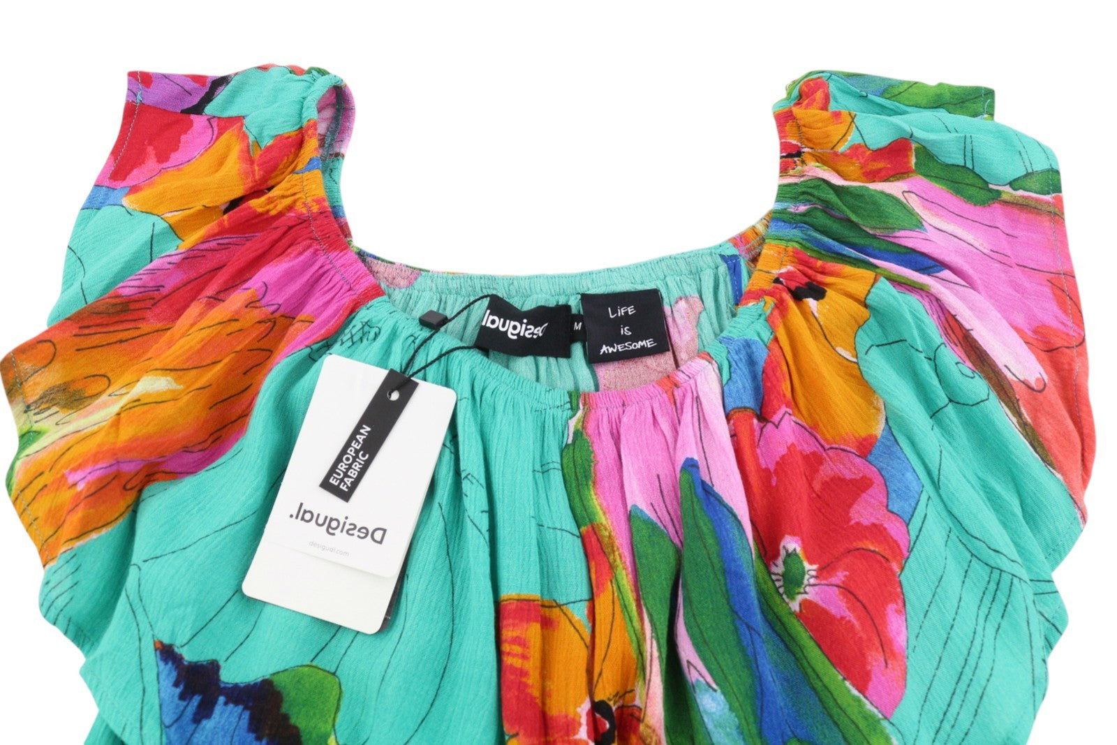 DESIGUAL Vest Pahoa Women Dress M Floral Print Ruffled Neckline Split Midi