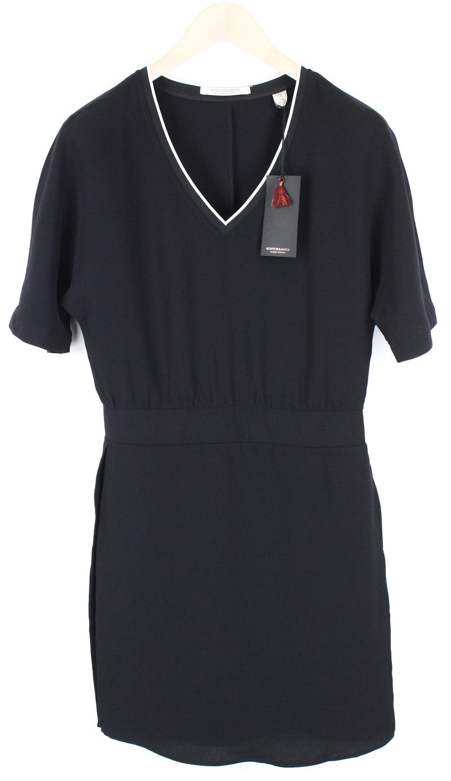 MAISON SCOTCH Women Dress S Slit Black Short Sleeved Layered V-Neck Short