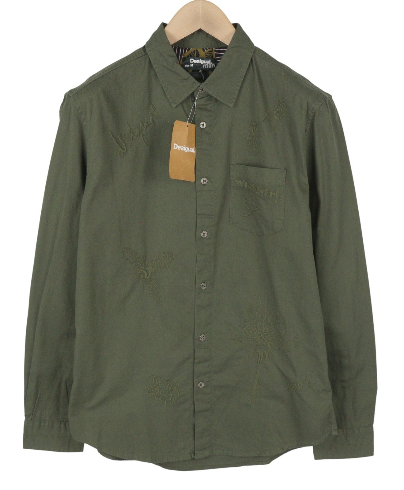 DESIGUAL Cam Marcos Men Shirt M Khaki Green Embroidered Button-Up Casual