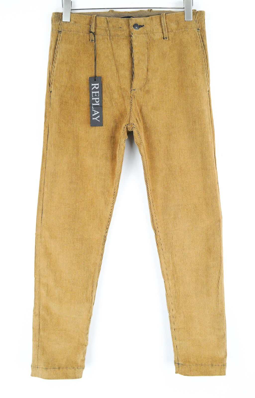 REPLAY Men Trousers W30/L30 Brown Cotton Stretch Corduroy Regular Fit Casual