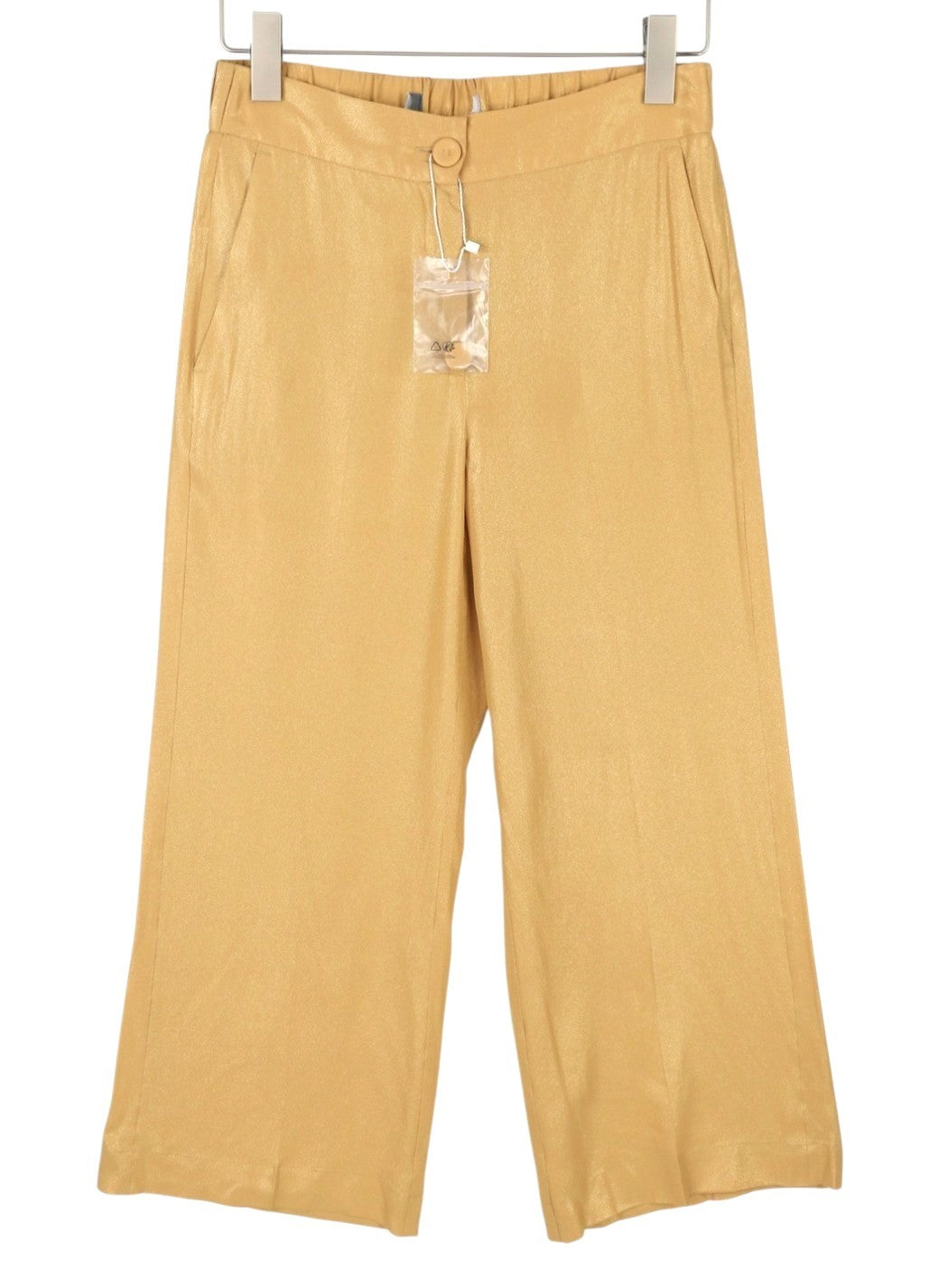 MAX MARA Women Trousers W26 Yellow Gold Silk Blend Glitter Shiny Cropped Flared