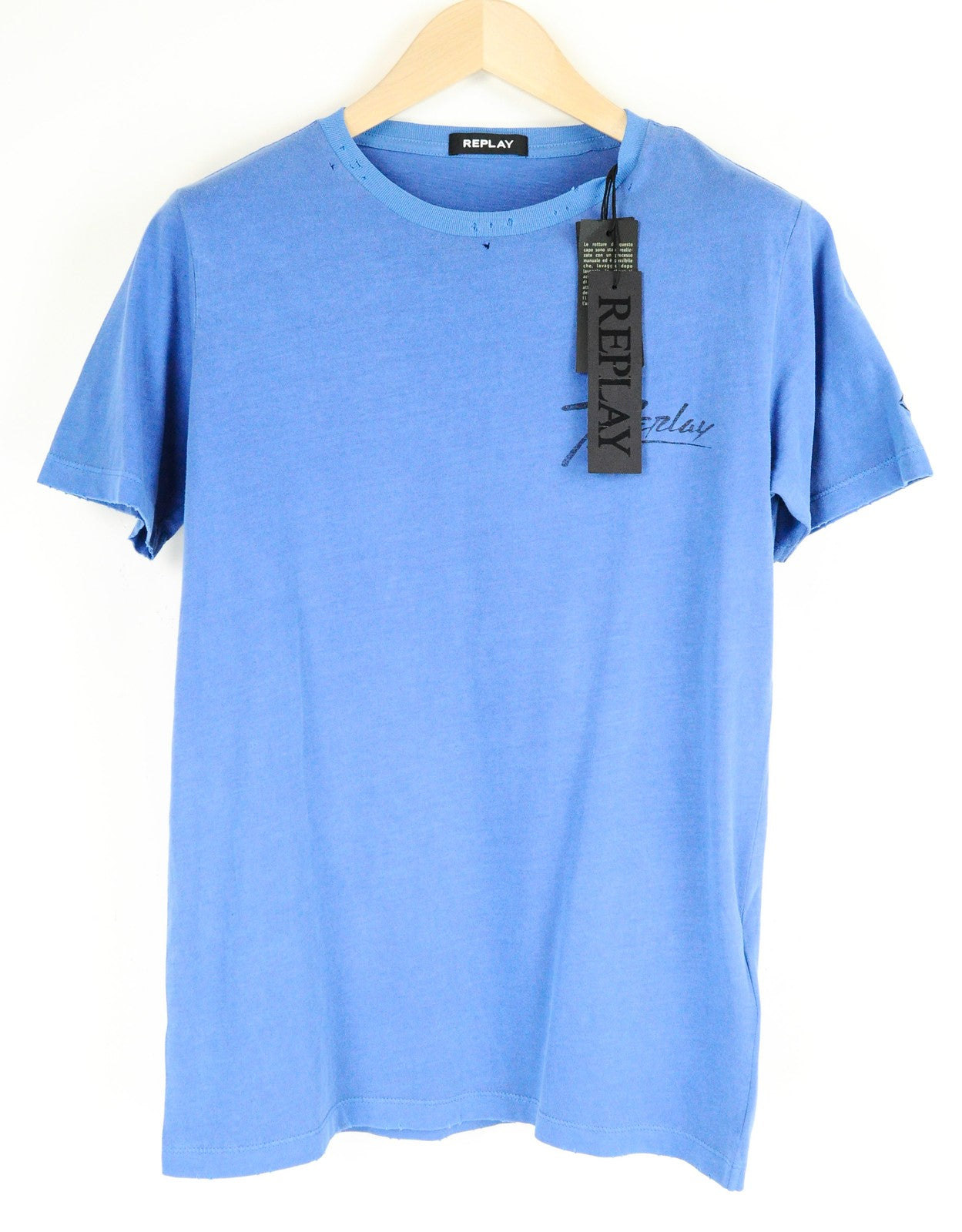 REPLAY Men T-Shirt S Blue Pure Cotton Short Sleeve Ripped Logo Casual Pullover