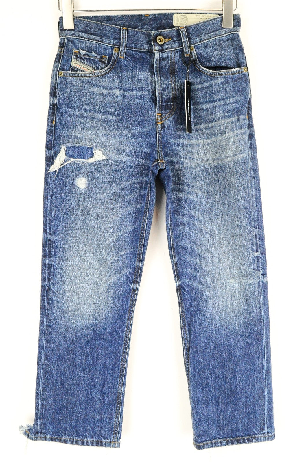 DIESEL Aryel 080AH Women Jeans W25/L30 Ripped Blue Denim Aged Look Straight Fit