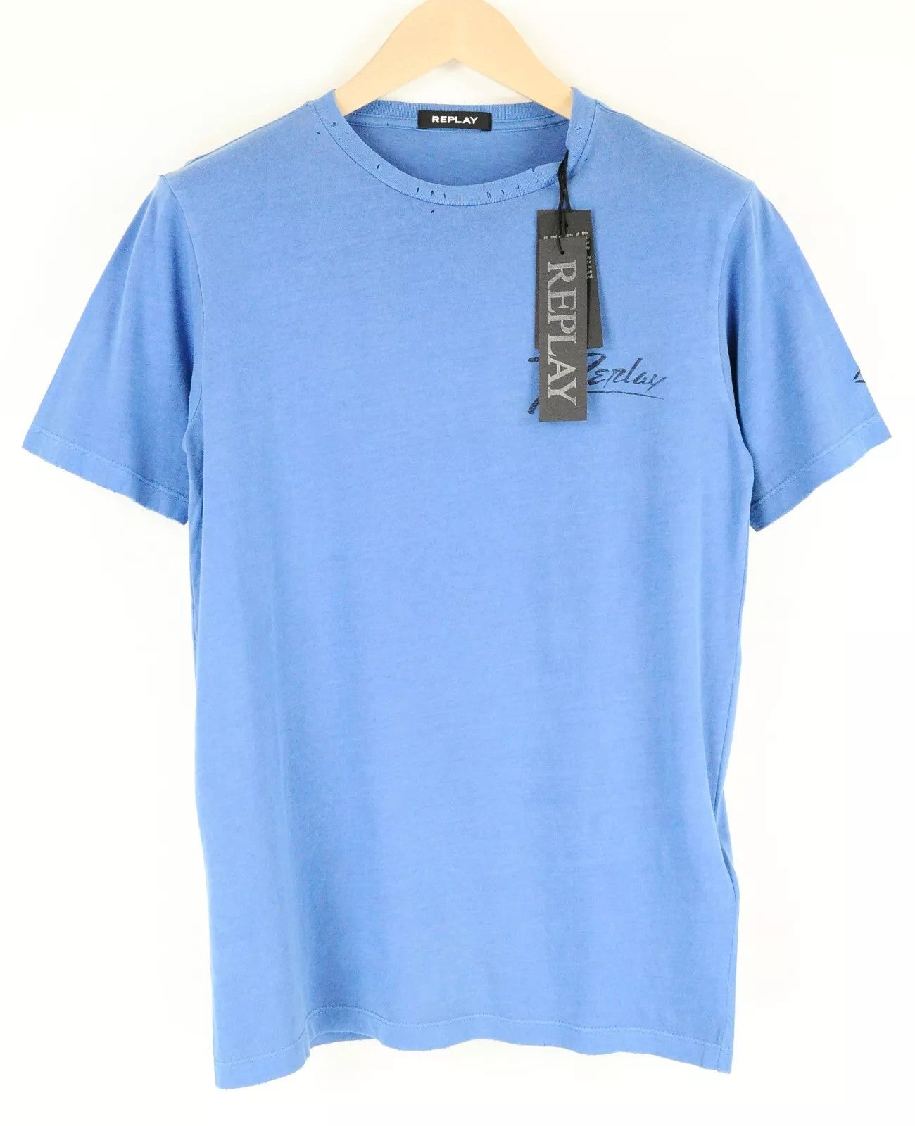 REPLAY Men T-Shirt S Blue Pure Cotton Short Sleeve Ripped Logo Pullover