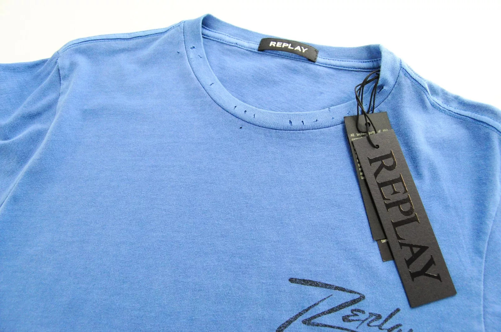 REPLAY Men T-Shirt S Blue Pure Cotton Short Sleeve Ripped Logo Pullover
