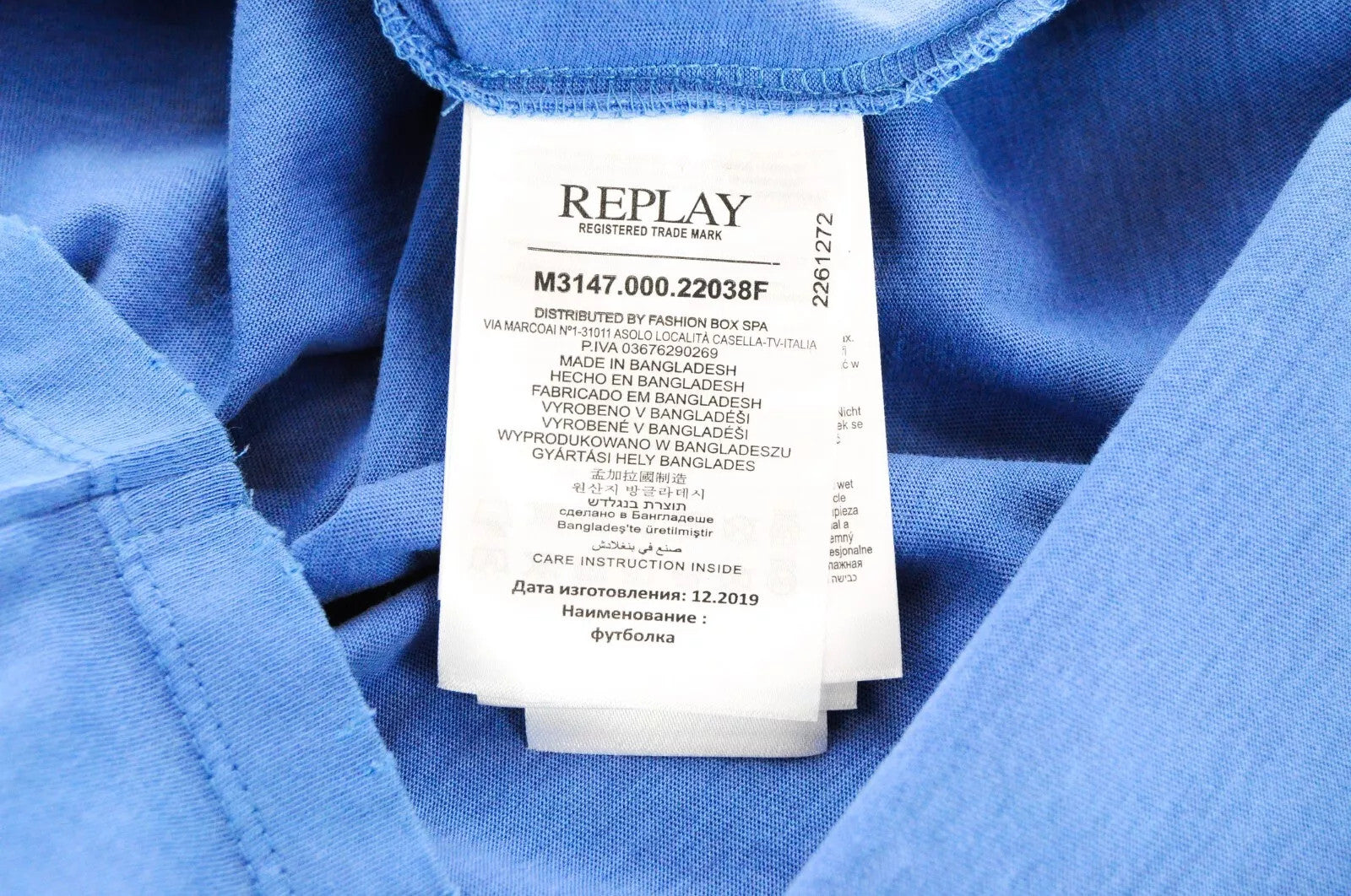 REPLAY Men T-Shirt S Blue Pure Cotton Short Sleeve Ripped Logo Pullover