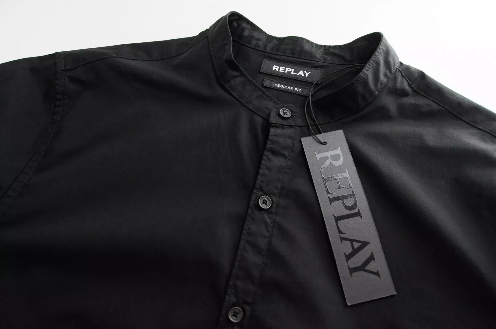 REPLAY Men Shirt S Black Pure Cotton Long Sleeved Band Collar Button-Up