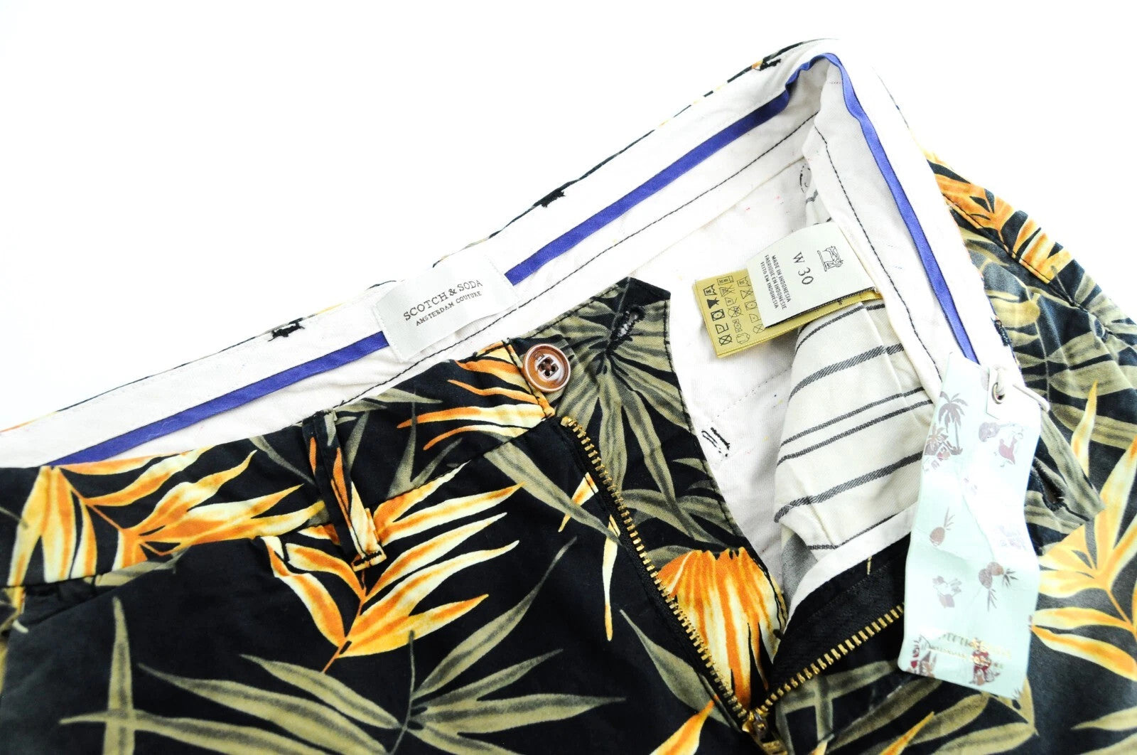 SCOTCH & SODA Ams Couture Men Shorts W30 Black Pure Cotton Leaf Patterned Summer