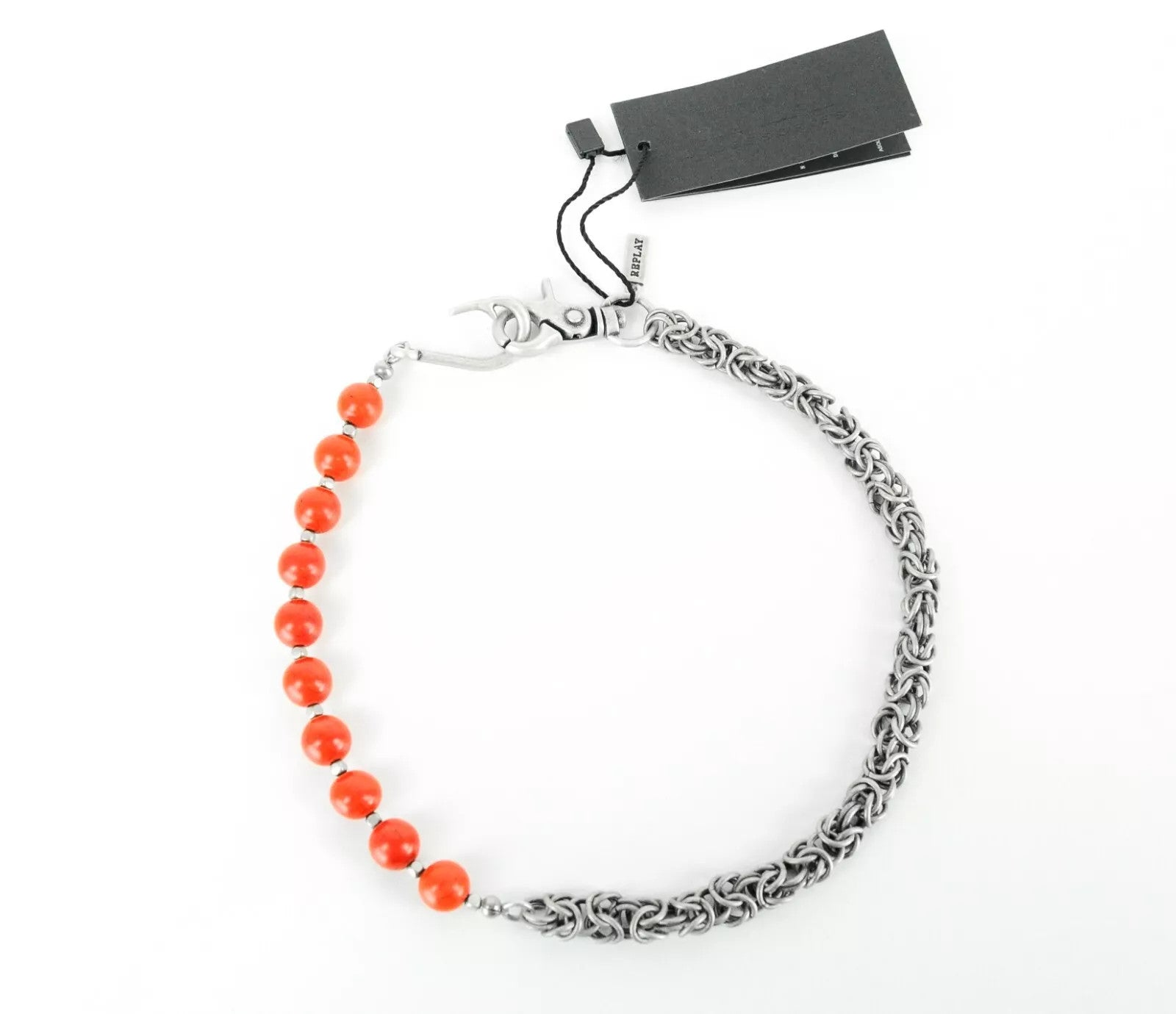 REPLAY Men Key Ring OS Grey Iron Chain Red Natural Stone Logo