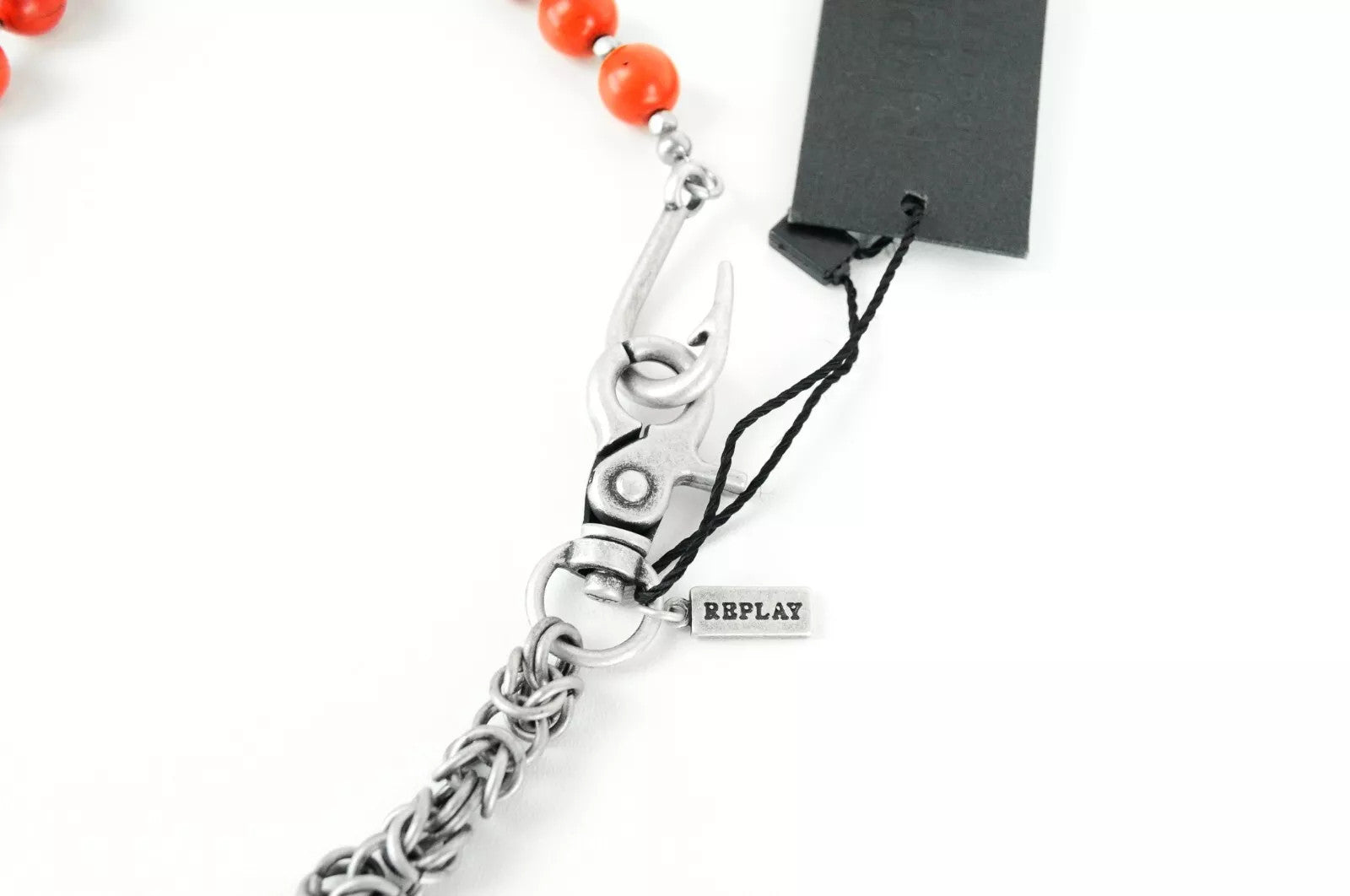 REPLAY Men Key Ring OS Grey Iron Chain Red Natural Stone Logo