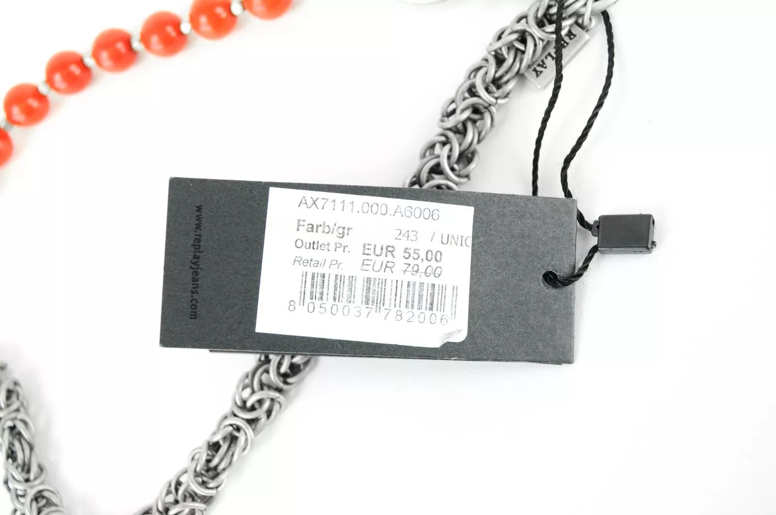 REPLAY Men Key Ring OS Grey Iron Chain Red Natural Stone Logo