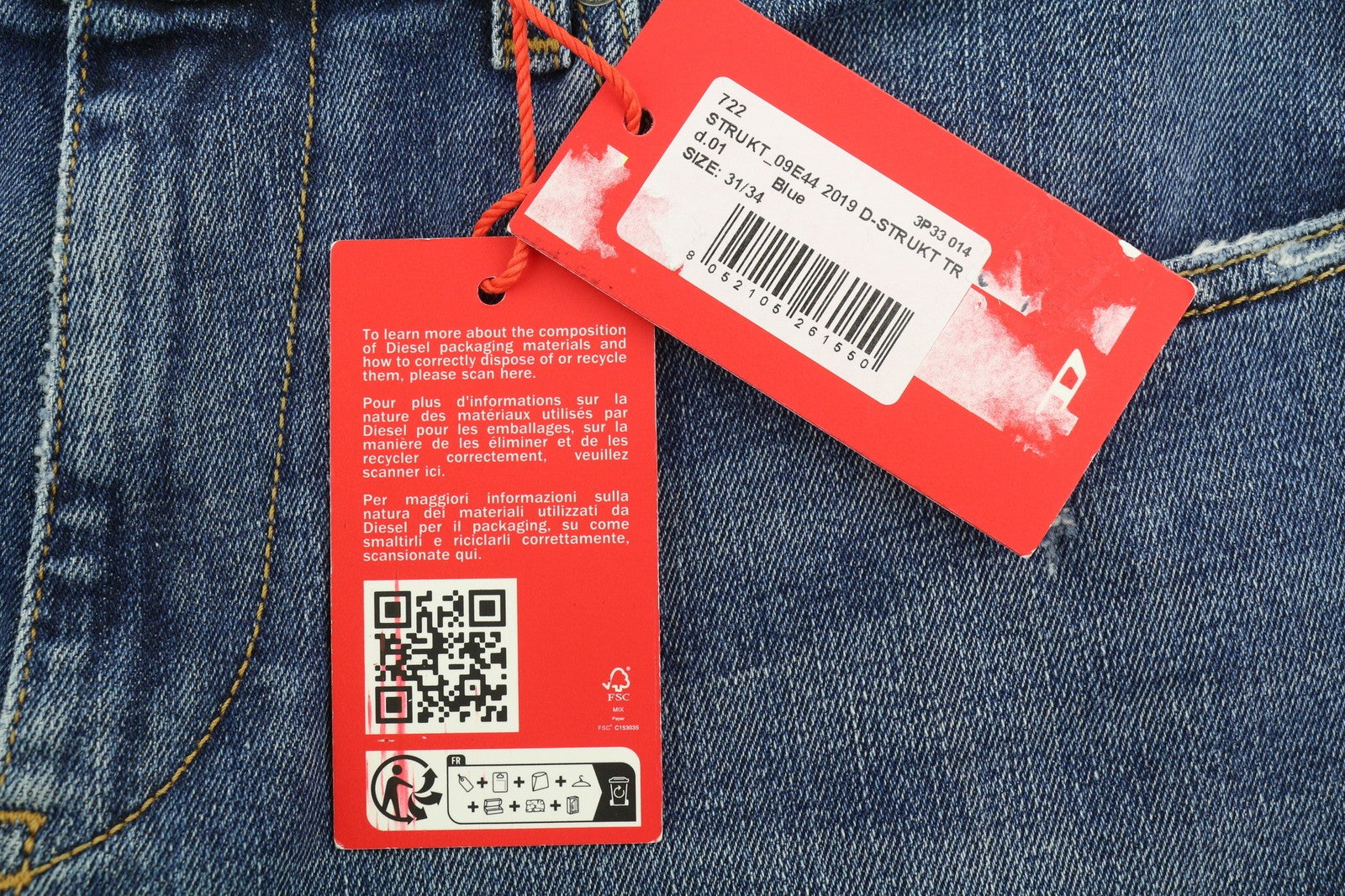 DIESEL 2019 D-Strukt 09E44 Men Jeans W31/L34 Blue Faded Whiskers Distress Slim