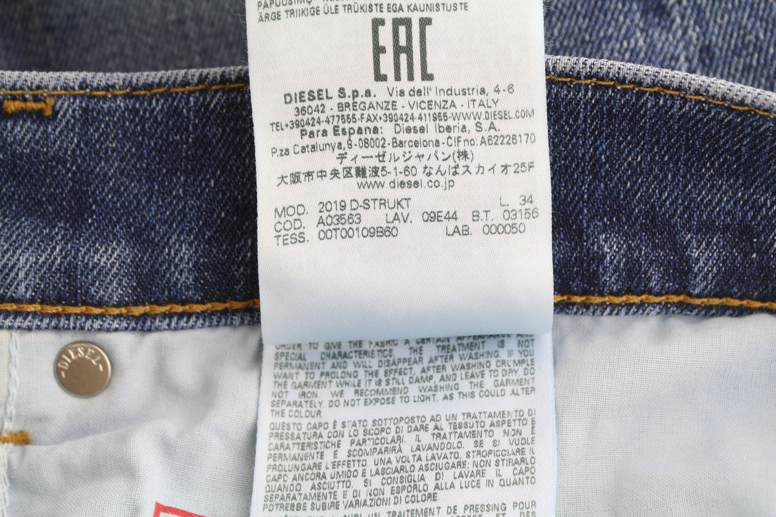 DIESEL 2019 D-Strukt 09E44 Men Jeans W31/L34 Blue Faded Whiskers Distress Slim