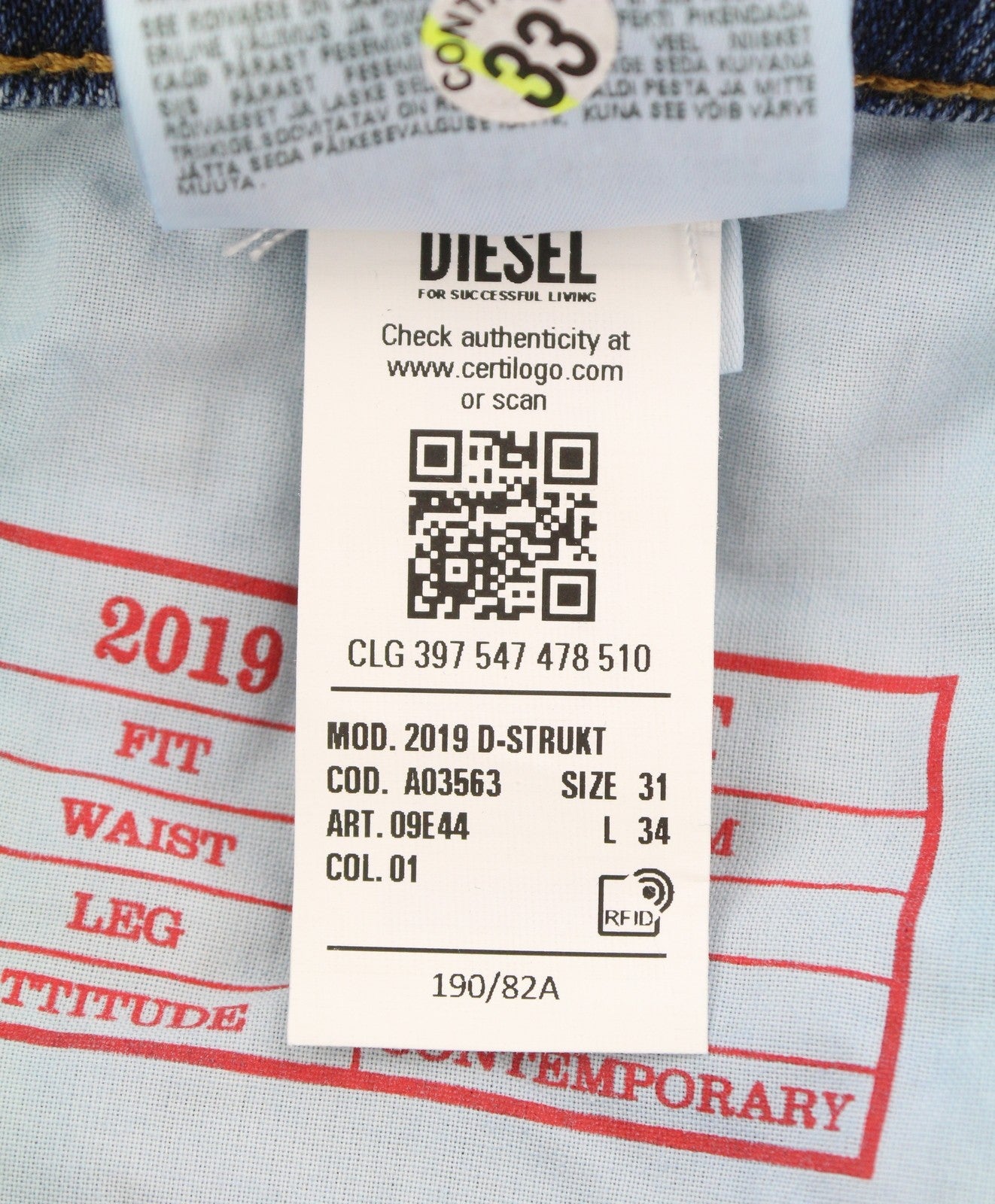 DIESEL 2019 D-Strukt 09E44 Men Jeans W31/L34 Blue Faded Whiskers Distress Slim
