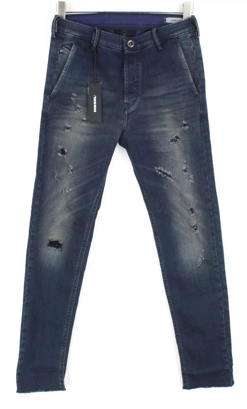 DIESEL Slim-Chino M 0677K Men Jeans W27 Washed Distressed Cotton Stretch Blue
