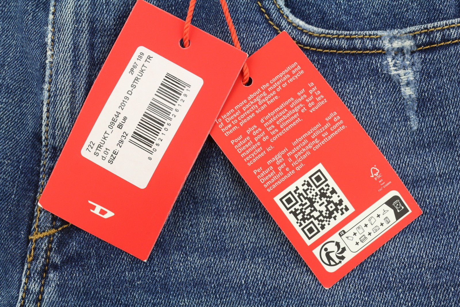 DIESEL 2019 D-Strukt 09E44 Men Jeans W29/L32 Blue Faded Whiskers Distress Slim