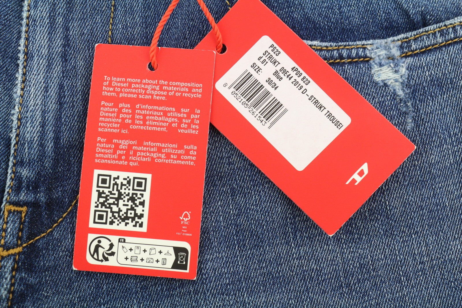 DIESEL 2019 D-Strukt 09E44 Men Jeans W30/L34 Blue Faded Whiskers Ripped Slim