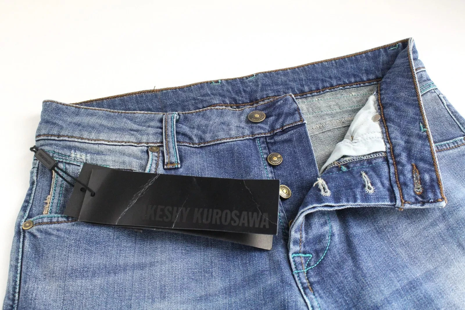 TAKESHY KUROSAWA Power Men Jeans W34 Slim Fit Washed Distressed Stretch Blue