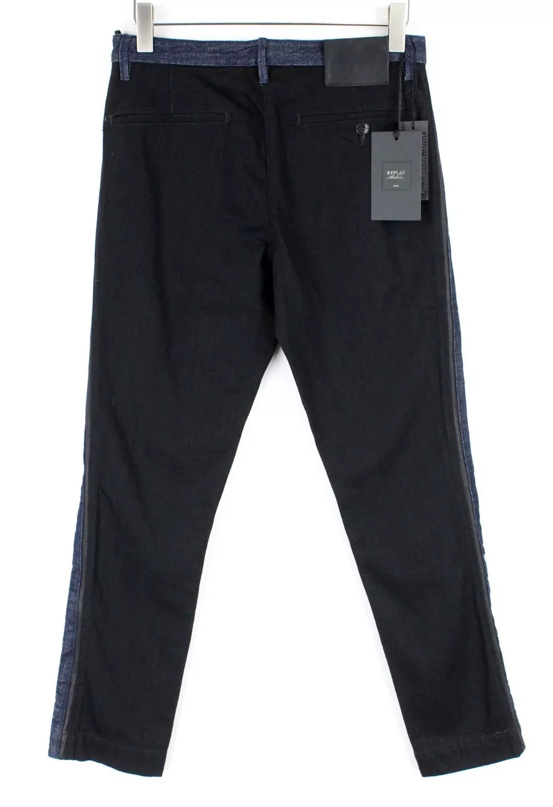 REPLAY Atelier Men Jeans W30/L30 Slim Fit Black Blue Pure Cotton Slit Pocket