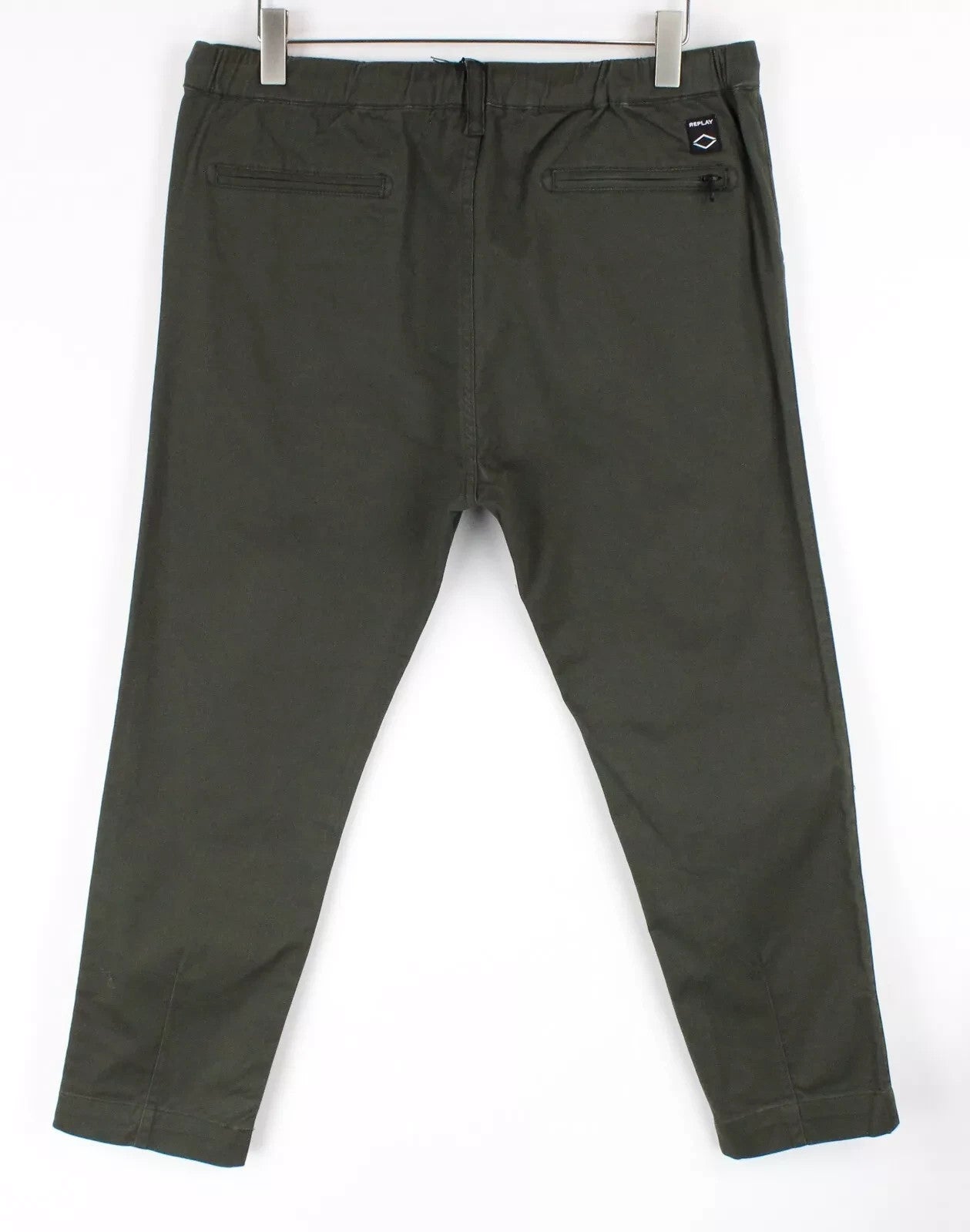 REPLAY Men Trousers W33 Regular Fit Green Pull On Cropped Stretch Slit Pocket