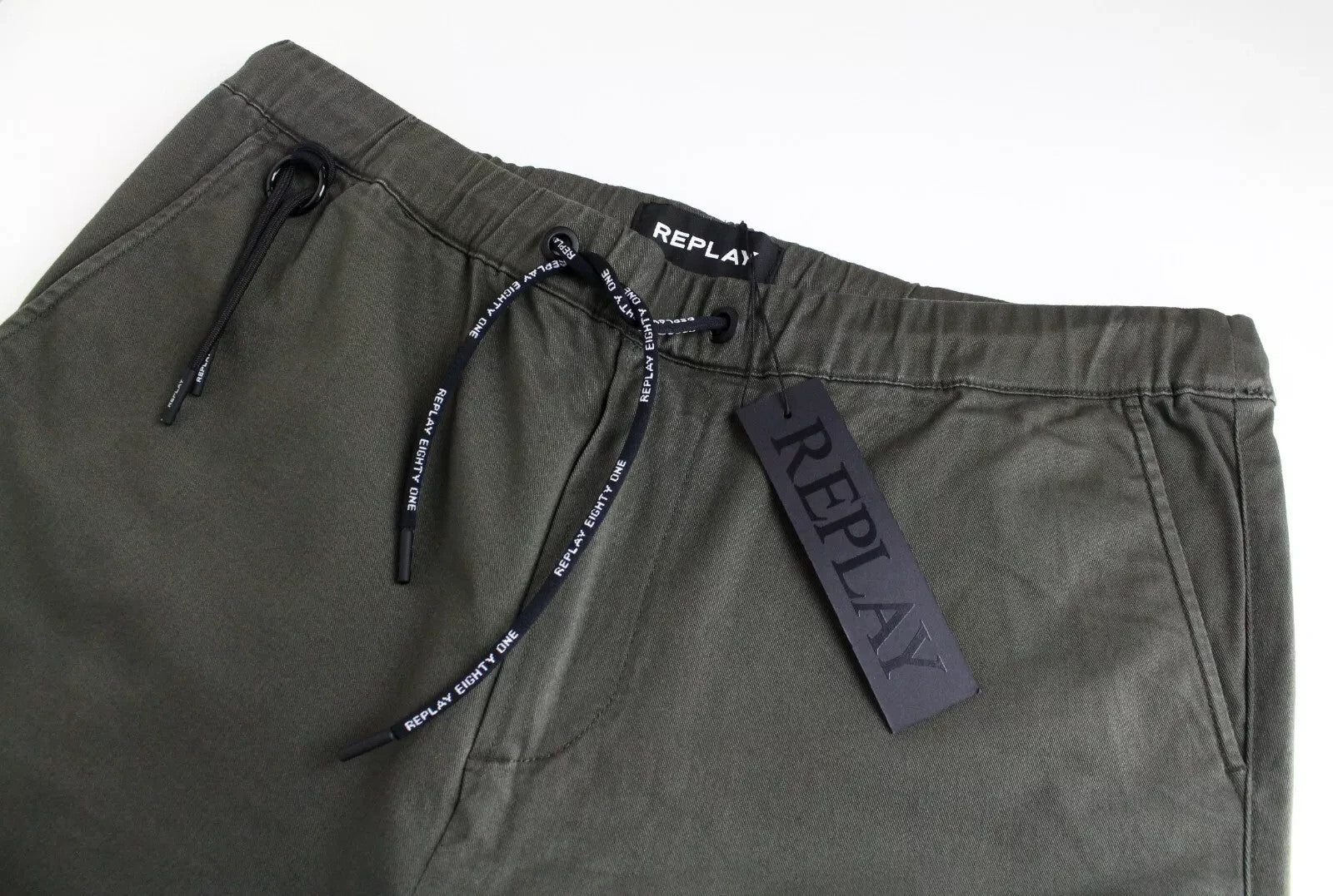 REPLAY Men Trousers W33 Regular Fit Green Pull On Cropped Stretch Slit Pocket